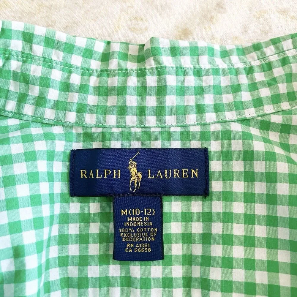 Ralph Lauren Gingham Shirt Boys Size 10-12 Green Button Down Long Sleeve Spring